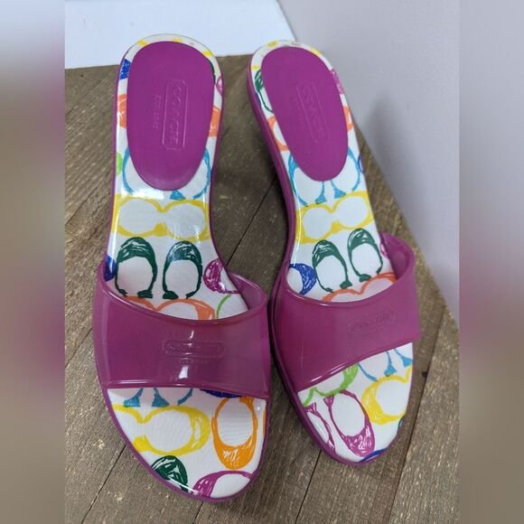 Coach Jelly Slide Sandals – Rainbow Monogram – Size 10 – 2” Heel - Picture 3 of 9
